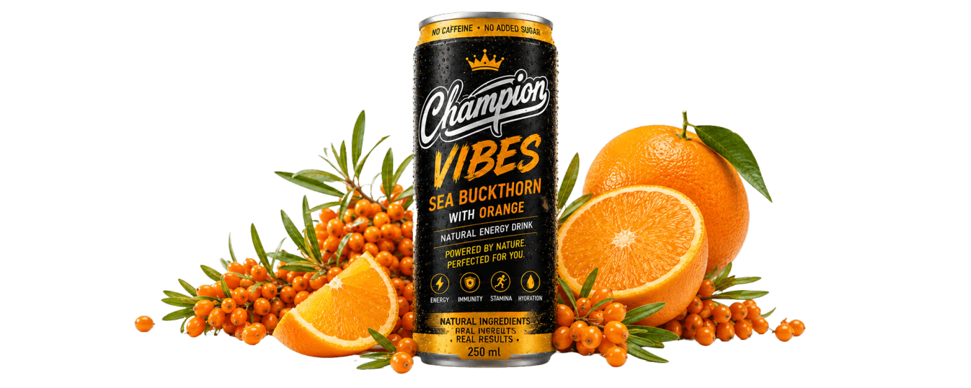 Champion Vibes Sea Buckthorn with Orange energy drink surrounded by oranges and sea buckthorn berries